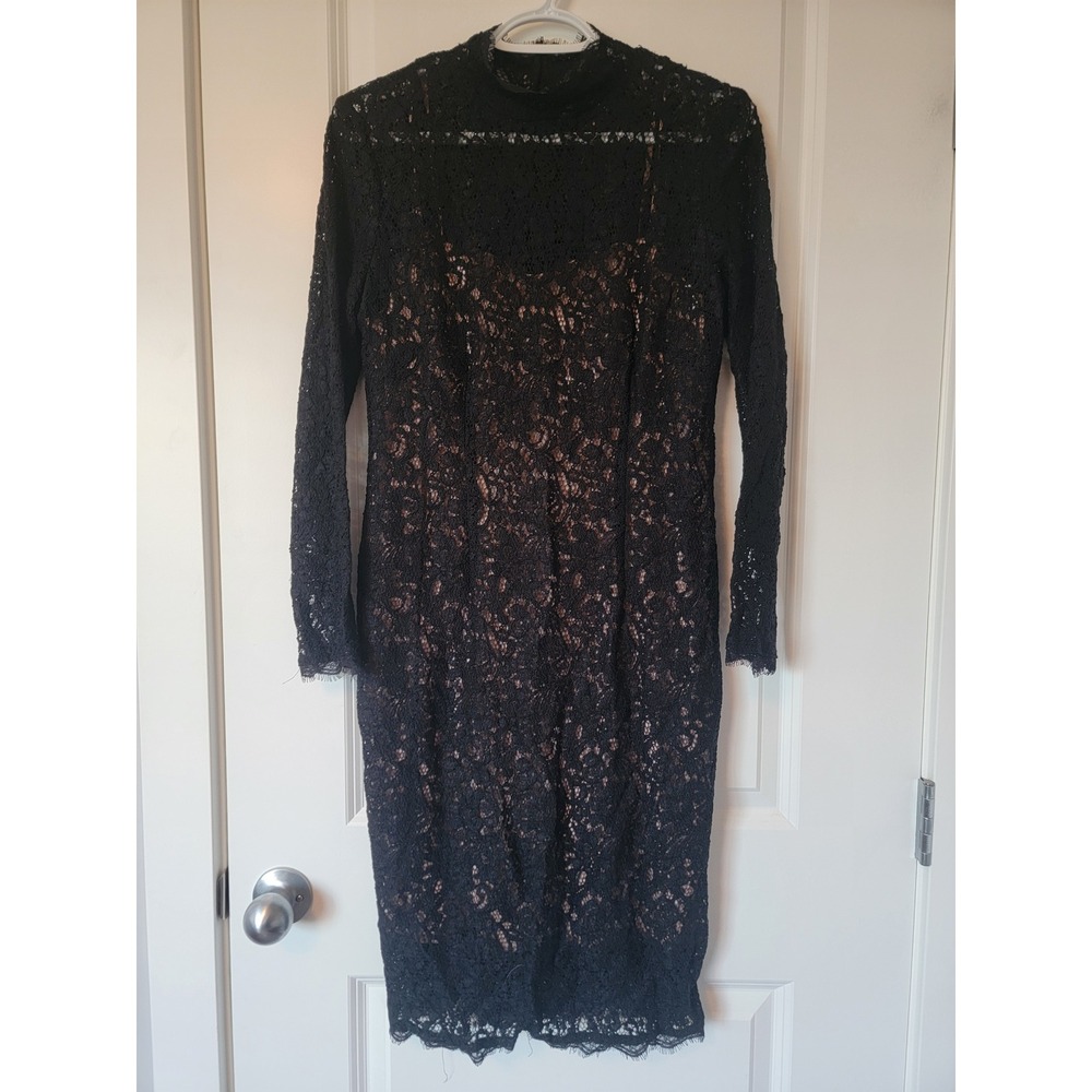 Adrianna Papell Black Lace Sheath Dress Long Sleeve Mock Neck Petite 12P